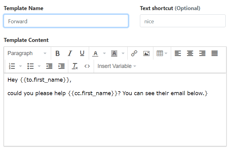 Gorgias Template using the TO and BCC name variables