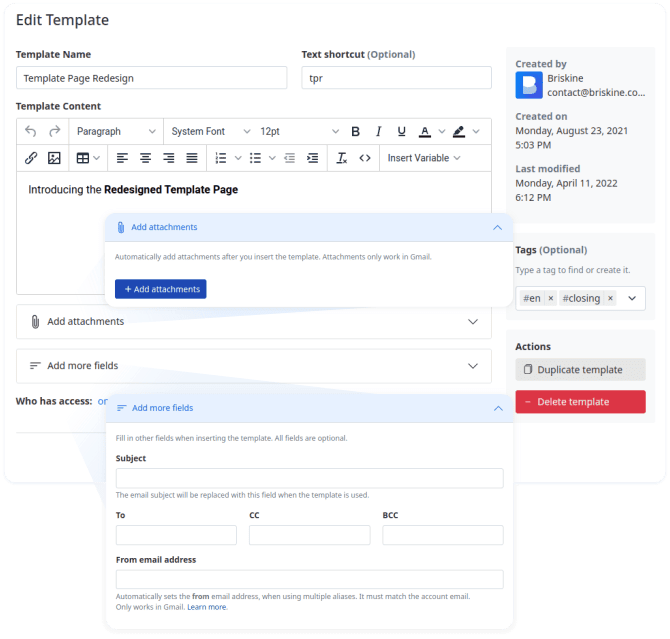 Details of the redesigned template page