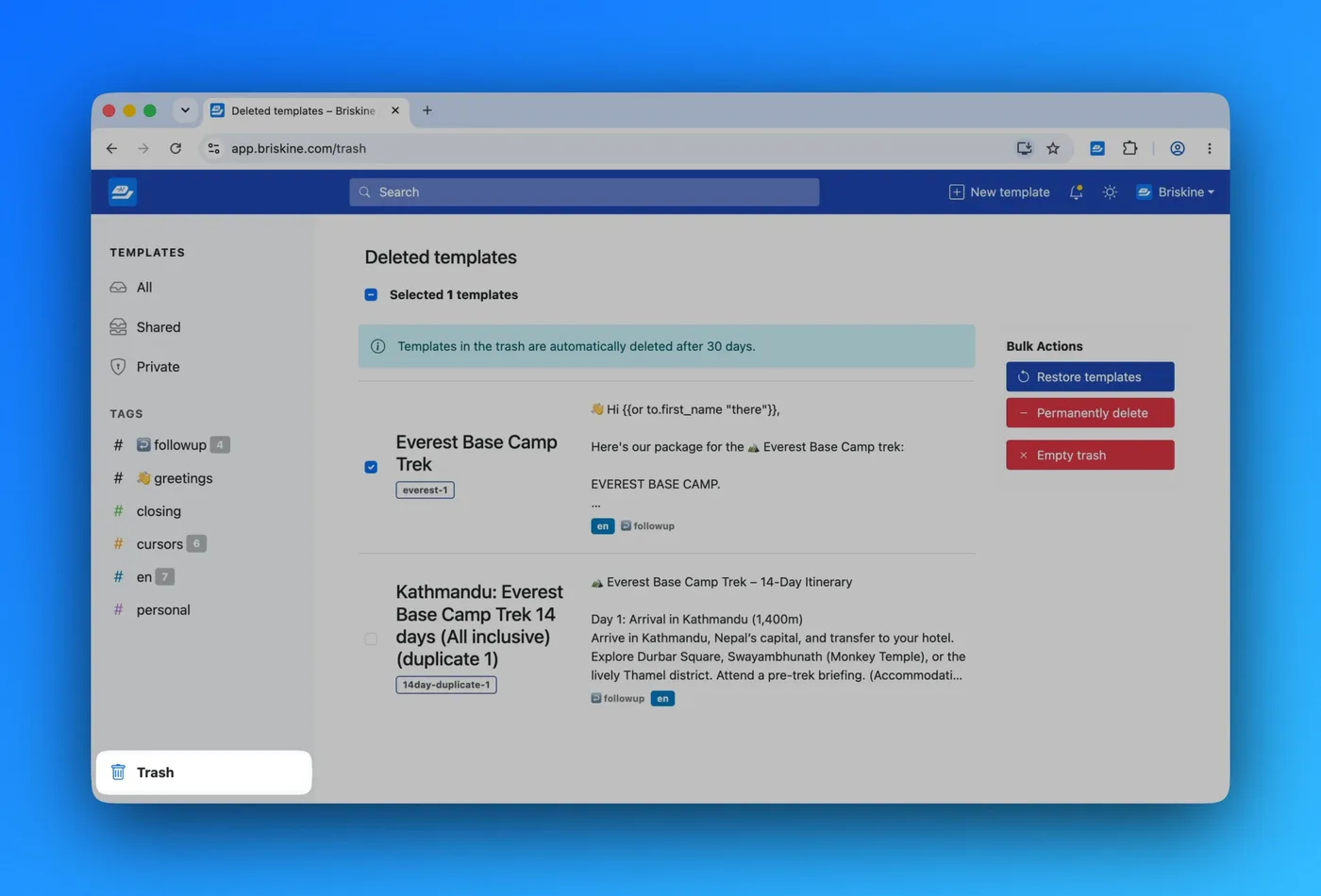 The Trash page, showing deleted templates and the option to restore them.