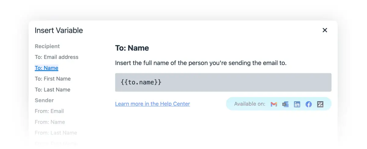 The Insert Variables dialog in the Briskine template editor.